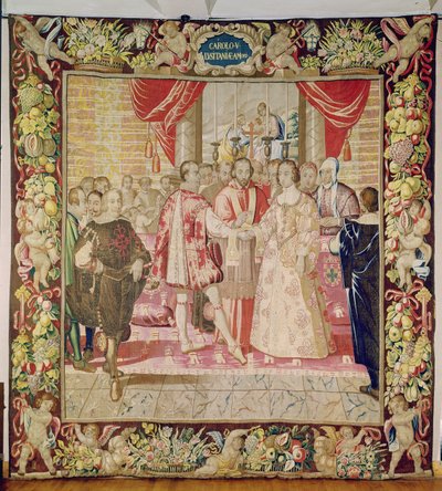 Het wandtapijt van Karel V dat het huwelijk van Karel V met Isabella van Portugal in 1526 uitbeeldt, Brugge, ca. 1630-40 (wandtapijt) door Flemish School